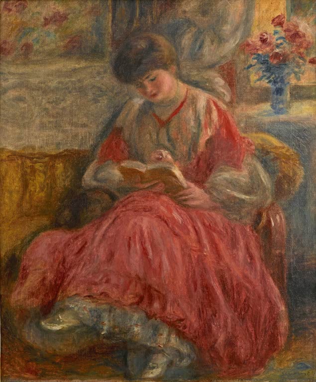 Frau in rotem Rock sitzt lesend im Sessel – Pierre-Auguste Renoir Misia Sert Kunstkopie