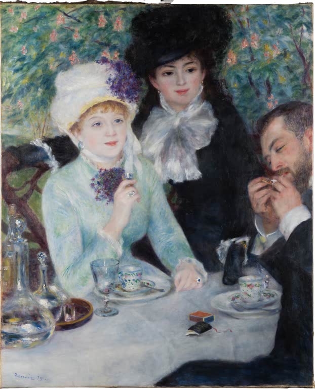 Zwei Frauen und ein Mann mit Zigarette am Tisch nach dem Essen – Pierre-Auguste Renoir Nach dem Mittagessen Kunstkopie