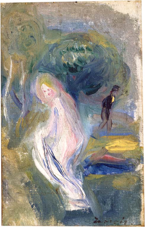 Skizzenhafter Akt vor Bäumen, dahinter eine kleine Figur – Pierre-Auguste Renoir Nackt mit Figur im Hintergrund Kunstkopie