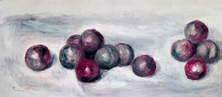 Stillleben mit dunkelroten Pflaumen auf hellem Tuch – Pierre-Auguste Renoir Nature morte aux fruits Kunstkopie
