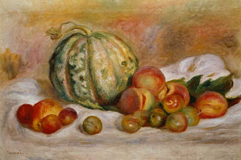 Melone, Pfirsiche und Pflaumen auf weißem Tuch – Pierre-Auguste Renoir Nature morte aux melon, pêches et prunes Kunstkopie
