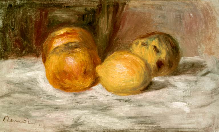 Stillleben mit Äpfeln und Zitrone auf einem Tisch – Pierre-Auguste Renoir Nature morte, pommes et citron Kunstkopie