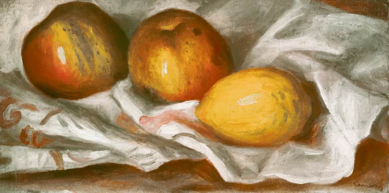 Zwei Äpfel und Zitrone auf zerknittertem Tuch – Pierre-Auguste Renoir Nature morte, pommes et citron Kunstkopie
