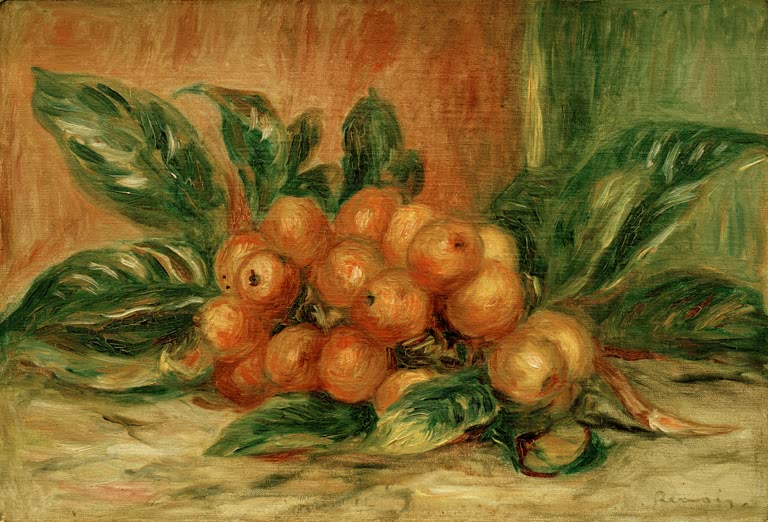 Zweig mit orangefarbenen Mispeln und grünen Blättern – Pierre-Auguste Renoir Nèfle Kunstkopie