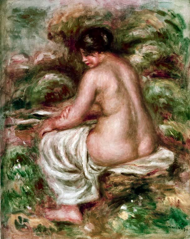 Weiblicher Akt mit weißem Tuch sitzt in der Natur – Pierre-Auguste Renoir Nu au linge Kunstkopie