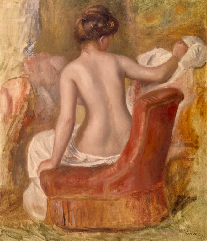 Sitzender weiblicher Rückenakt in einem roten Sessel – Pierre-Auguste Renoir Nu dans un fauteuil rouge Kunstkopie