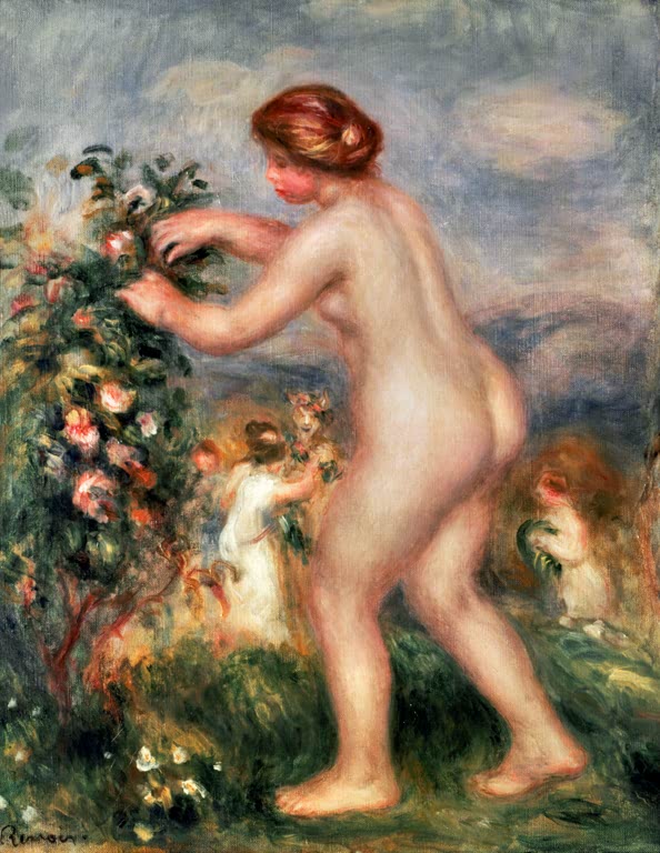 Weiblicher Akt pflückt Rosen am Strauch, Kinder im Hintergrund – Pierre-Auguste Renoir Ode aux fleurs Kunstkopie