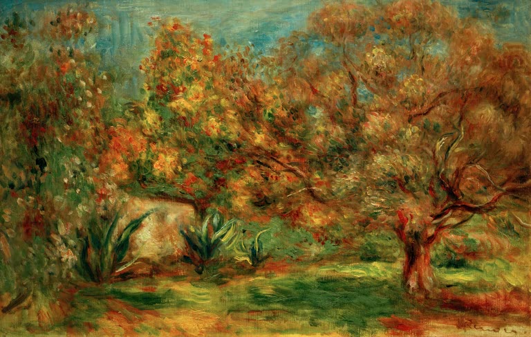 Olivenhain mit knorrigen Bäumen und Agaven im Sonnenlicht – Pierre-Auguste Renoir Olivengarten Kunstkopie