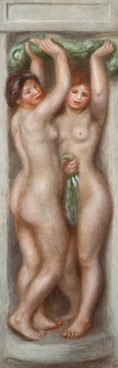 Zwei nackte Frauen als Karyatiden mit grünem Tuch, hohes Format – Pierre-Auguste Renoir Panneau decoratifs Kunstkopie