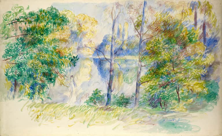 Aquarell eines Parks mit Bäumen am Wasser – Pierre-Auguste Renoir Parkansicht Kunstkopie