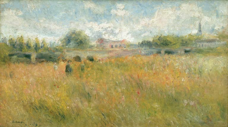Gelbes Feld unter Wolkenhimmel, Fluss dahinter – Pierre-Auguste Renoir Paysage au bord de la Seine à Rueil Kunstkopie