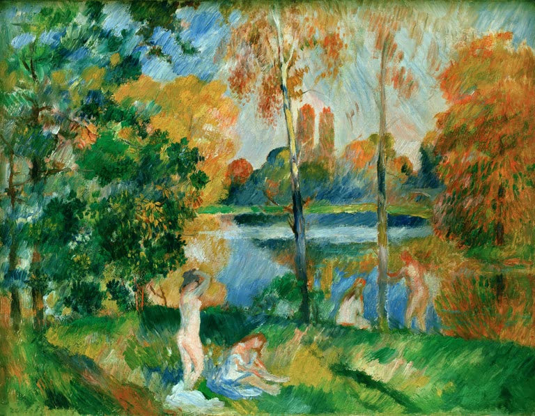 Teich mit Badenden und herbstlich gefärbten Bäumen – Pierre-Auguste Renoir Paysage avec baigneuses Kunstkopie