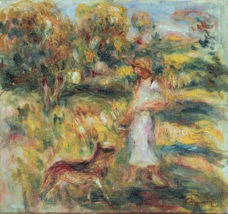 Frau in hellem Kleid mit Hund im sonnigen Garten – Pierre-Auguste Renoir Paysage avec femme et Zaza Kunstkopie