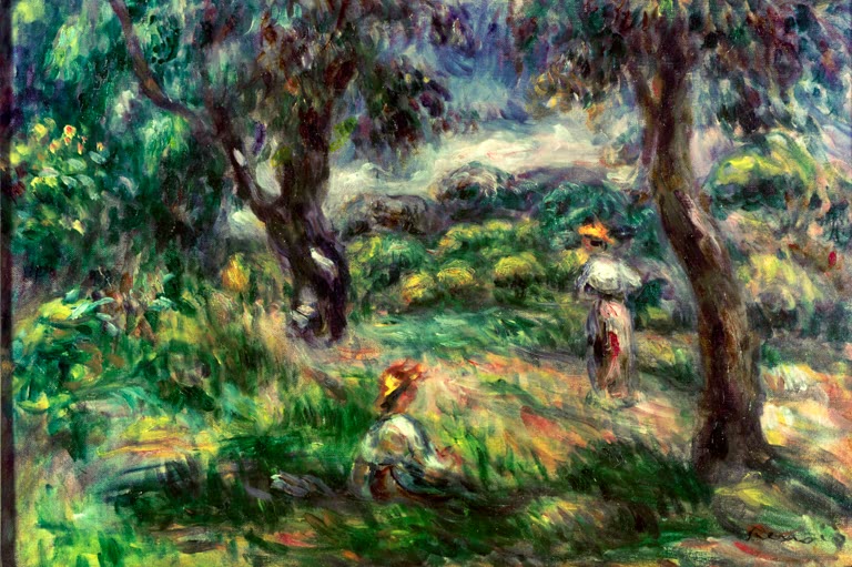 Sommerliche Landschaft mit Bäumen und zwei kleinen Figuren – Pierre-Auguste Renoir Paysage bleu Kunstkopie