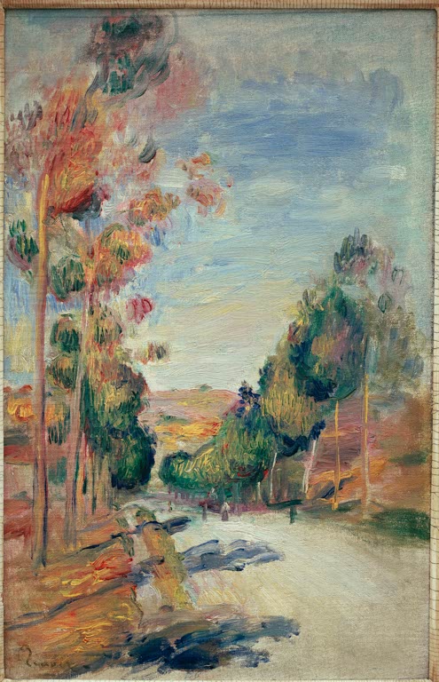 Landstraße mit hohen Bäumen in herbstlichen Farben, bunt getupft – Pierre-Auguste Renoir Essoyes Kunstkopie