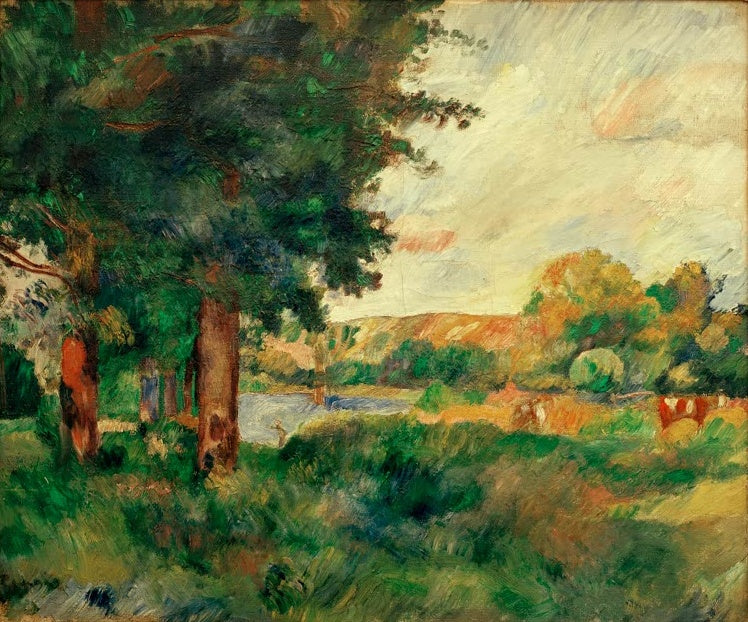 Landschaft mit großen Bäumen am Fluss und Hügeln im Hintergrund – Pierre-Auguste Renoir Paysage aux grands arbres Kunstkopie