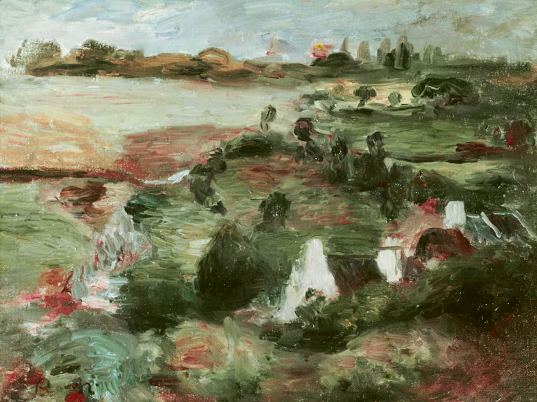 Grüne Hügellandschaft mit weißen Häusern am Wasser – Pierre-Auguste Renoir Paysage de Bretagne Kunstkopie