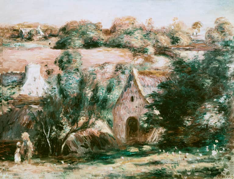 Häuser und Kapelle zwischen Bäumen in hügeliger Landschaft – Pierre-Auguste Renoir Paysage de Bretagne Kunstkopie