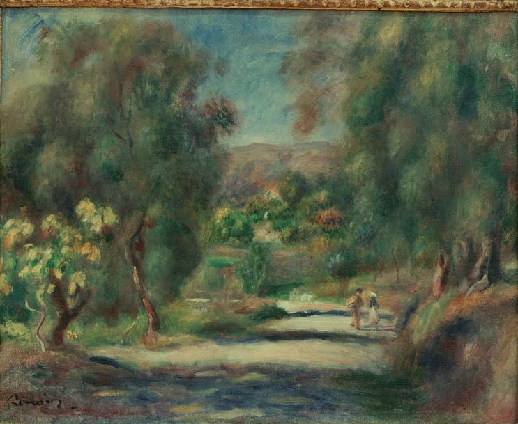 Landstraße durch Olivenhain mit Spaziergängern – Pierre-Auguste Renoir Paysage de Cagnes Kunstkopie