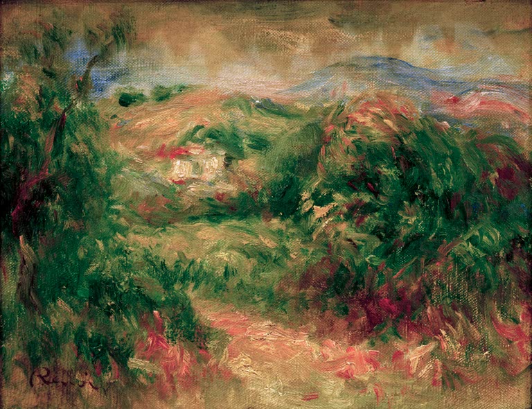 Grüne Büsche, roter Weg und Hügel im Hintergrund – Pierre-Auguste Renoir Paysage de Crosde-Cagnes Kunstkopie
