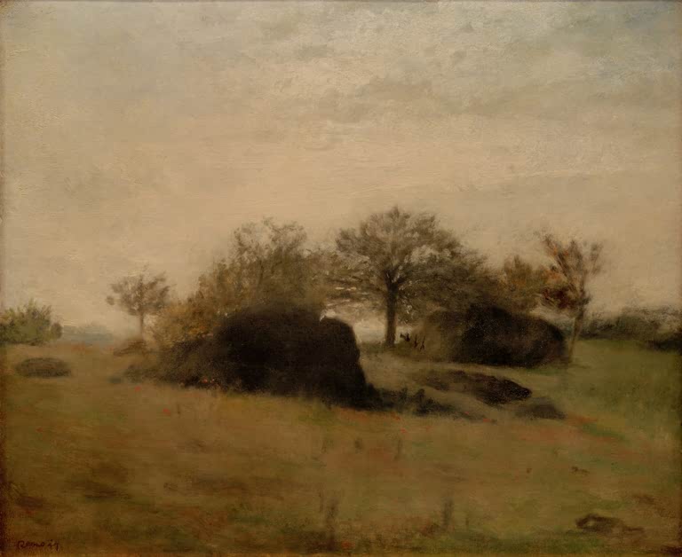 Karge Landschaft mit Felsblöcken und kleinen Bäumen – Pierre-Auguste Renoir Paysage de Fontainebleau Kunstkopie