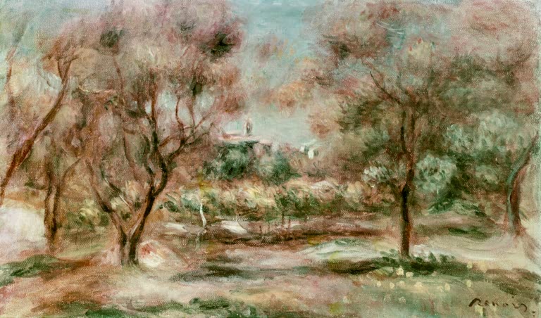 Landschaft mit Olivenbäumen unter hellem Himmel – Pierre-Auguste Renoir Paysage de Grasse Kunstkopie