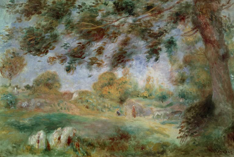 Frühlingslandschaft mit großem Baum und Häusern im Tal – Pierre-Auguste Renoir Paysage de printemps Kunstkopie