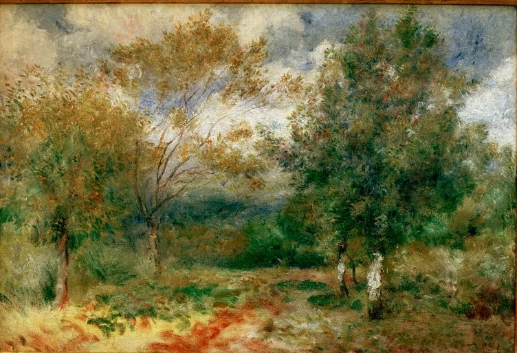 Sonnige Landschaft mit Bäumen, Weg und kleiner Figur – Pierre-Auguste Renoir Paysage ensoleillé Kunstkopie