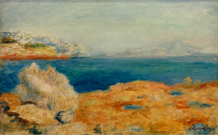 Küstenlandschaft mit orangeroten Felsen und tiefblauem Meer – Pierre-Auguste Renoir Paysage littoral Kunstkopie