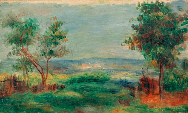 Weite Landschaft mit Bäumen und Blick auf Meer und Küste – Pierre-Auguste Renoir Paysage Kunstkopie