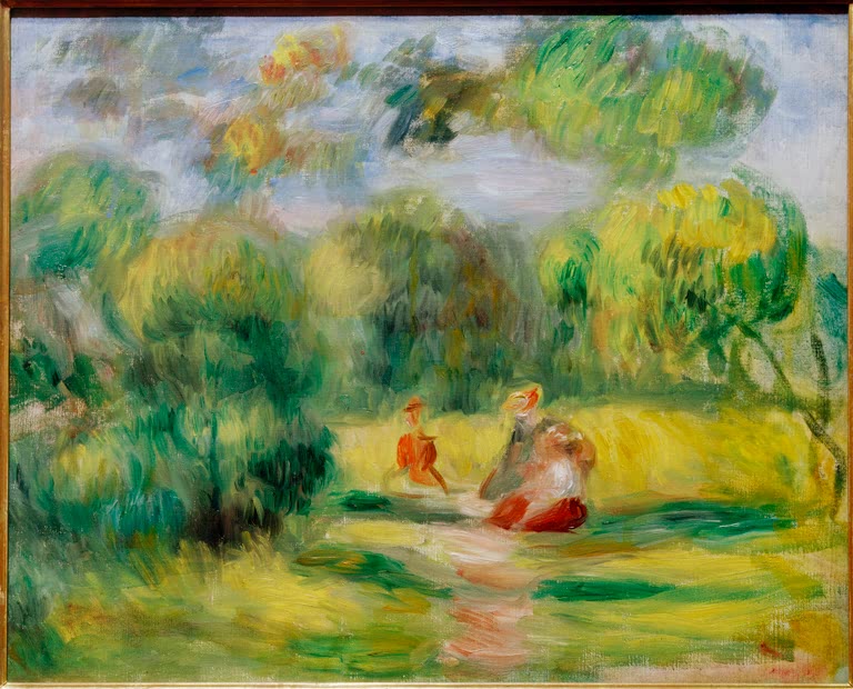 Kleine Figuren auf einer sommerlichen Wiese zwischen Bäumen – Pierre-Auguste Renoir Personnages dans un paysage Kunstkopie