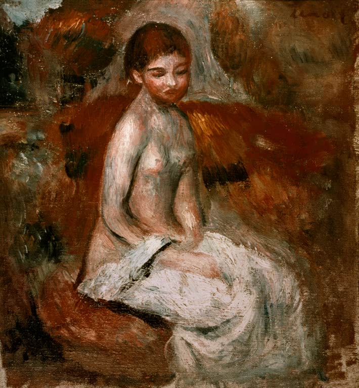 Sitzender weiblicher Halbakt mit weißem Tuch auf rotem Sofa – Pierre-Auguste Renoir Petit nu Kunstkopie