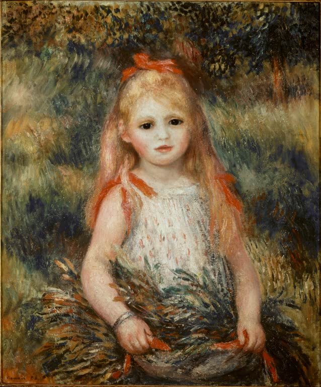 Mädchen mit rotem Haarband hält eine Garbe im Garten – Pierre-Auguste Renoir Petite fille à la gerbe Kunstkopie