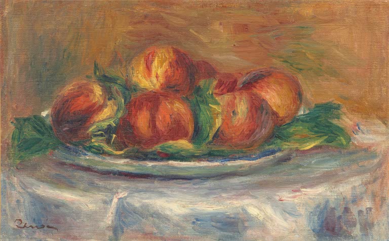 Pfirsiche auf einem Teller mit weißem Tuch – Pierre-Auguste Renoir Pfirsiche auf einem Teller Kunstkopie