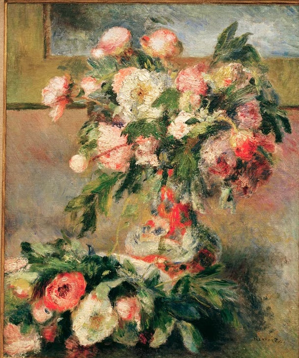 Üppiger Strauß rosa und weißer Pfingstrosen mit Blättern – Pierre-Auguste Renoir Pivoines Kunstkopie