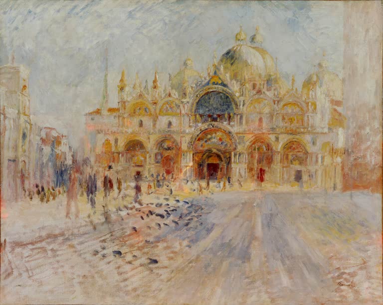 Markusdom in Venedig mit Taubenschwarm auf dem sonnigen Platz – Pierre-Auguste Renoir Place San Marco, Venise Kunstkopie