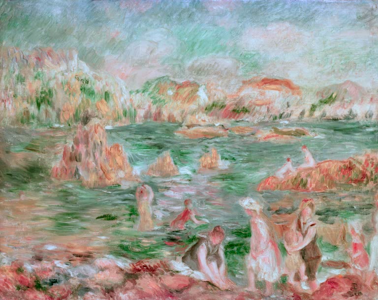 Badende am felsigen Strand mit türkisfarbenem Wasser – Pierre-Auguste Renoir Plage de Guernsey Kunstkopie