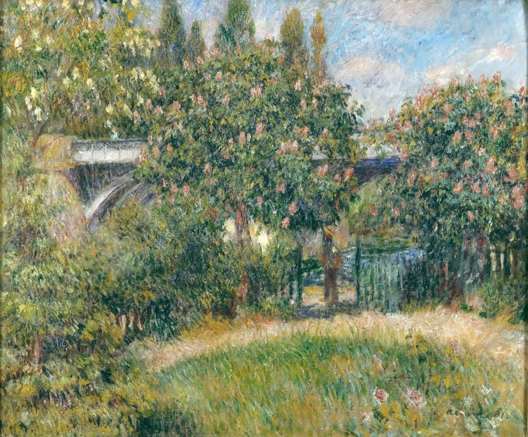 Blühende Kastanien und Brücke in grünem Garten – Pierre-Auguste Renoir Pont du chemin de fer à Chatou Kunstkopie