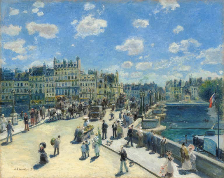 Brücke mit Passanten und Häuserzeile unter Wolkenhimmel – Pierre-Auguste Renoir Pont Neuf, Paris Kunstkopie