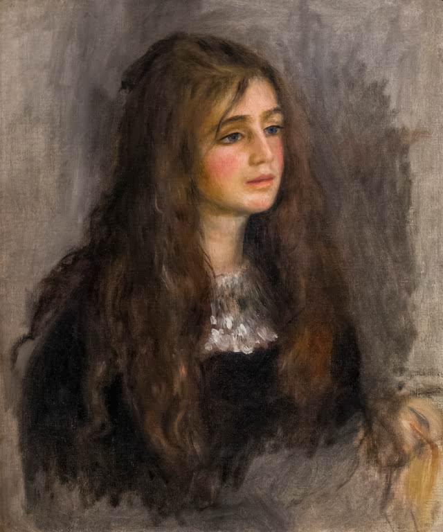 Mädchen mit langem braunem Haar im dunklen Kleid mit Spitzenkragen – Pierre-Auguste Renoir Porträt der Julie Manet Kunstkopie