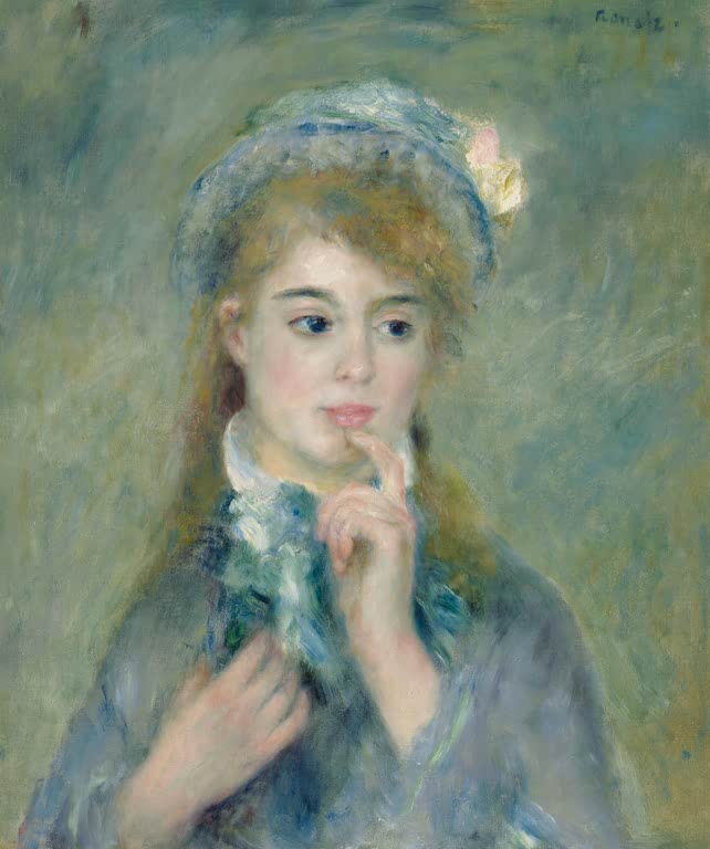 Junge Frau mit blauer Haube, Hand am Kinn, grünblauer Grund – Pierre-Auguste Renoir Porträt einer jungen Frau Kunstkopie