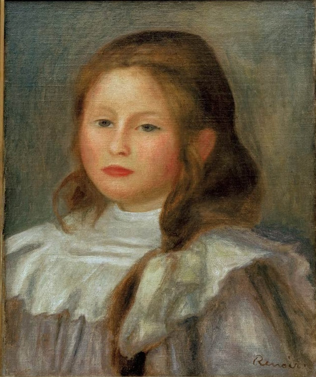 Mädchen mit langem braunem Haar und weißem Rüschenkragen – Pierre-Auguste Renoir Porträt eines Kindes Kunstkopie
