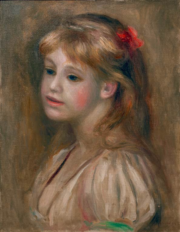 Mädchen mit rotem Haarband im Halbprofil, Rüschenbluse – Pierre-Auguste Renoir Porträt eines Mädchens Kunstkopie