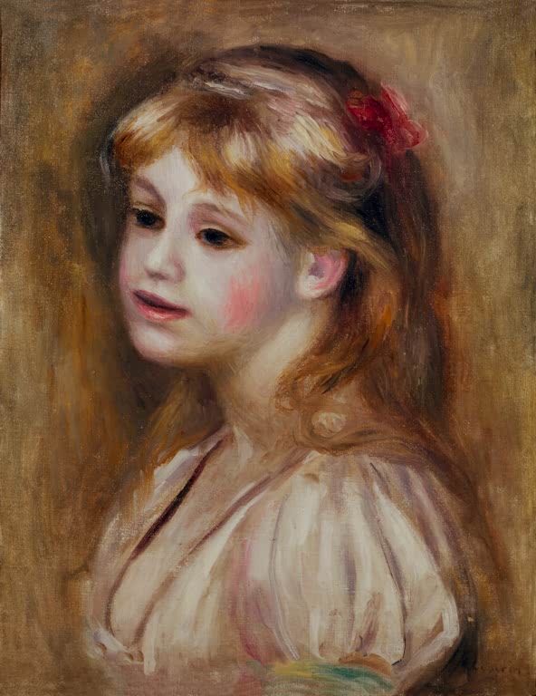 Mädchen mit roter Schleife im Haar, Blick zur Seite – Pierre-Auguste Renoir Porträt eines Mädchens Kunstkopie