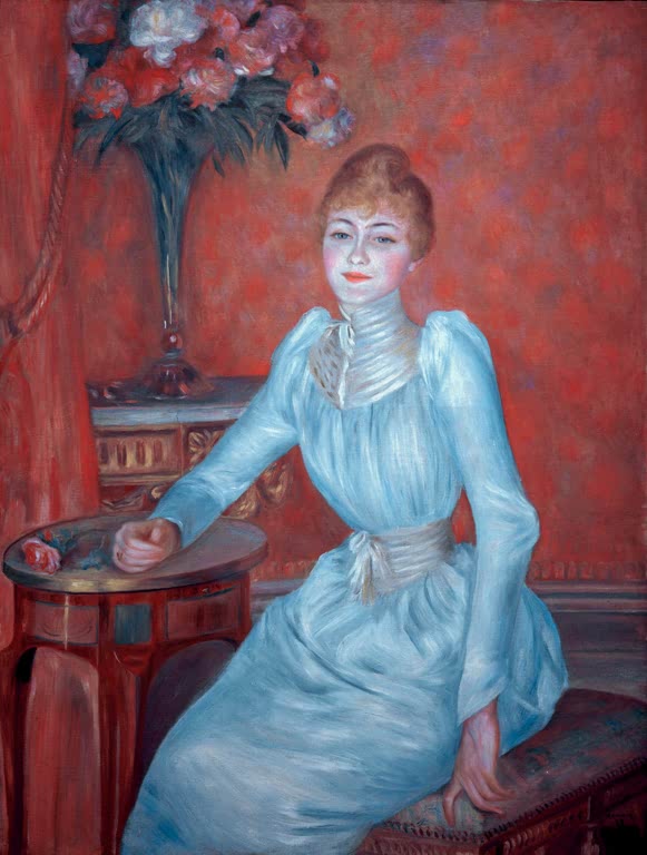 Junge Frau in hellblauem Kleid vor rotem Grund mit Blumenvase – Pierre-Auguste Renoir Porträt Madame de Bonnières Kunstkopie