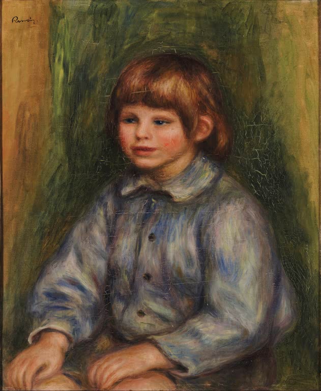 Junge mit rotbraunem Haar im blaugrauen Hemd vor grünem Grund – Pierre-Auguste Renoir Porträt von Claude Renoir Kunstkopie