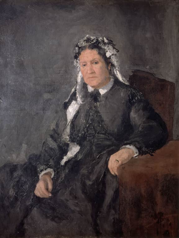 Ältere Frau in dunklem Kleid mit weißer Haube im Sessel – Pierre-Auguste Renoir Porträt von Madame Le Coeur Kunstkopie