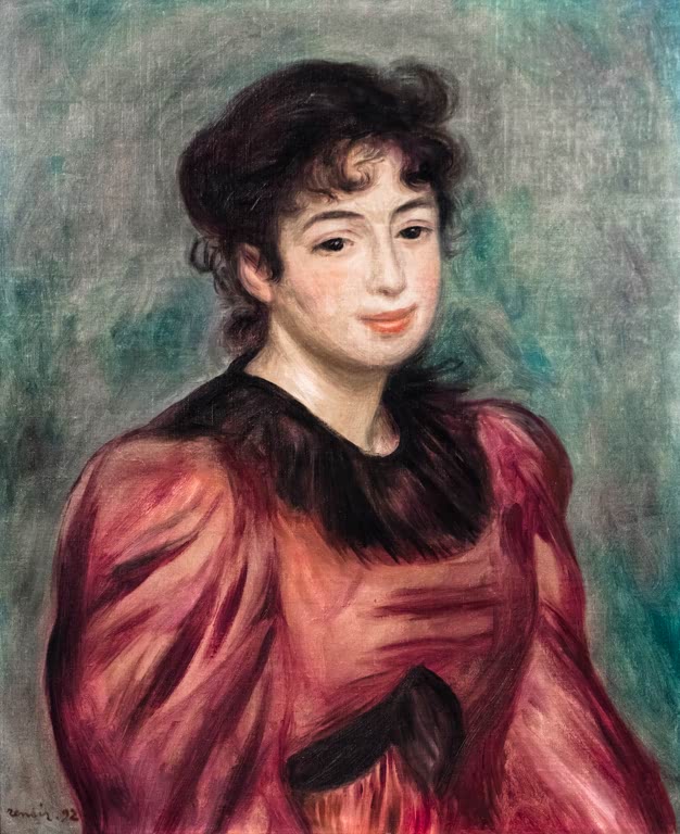 Frau in rotem Kleid mit dunklem Pelzkragen – Pierre-Auguste Renoir Porträt von Mademoiselle de Bellio Kunstkopie