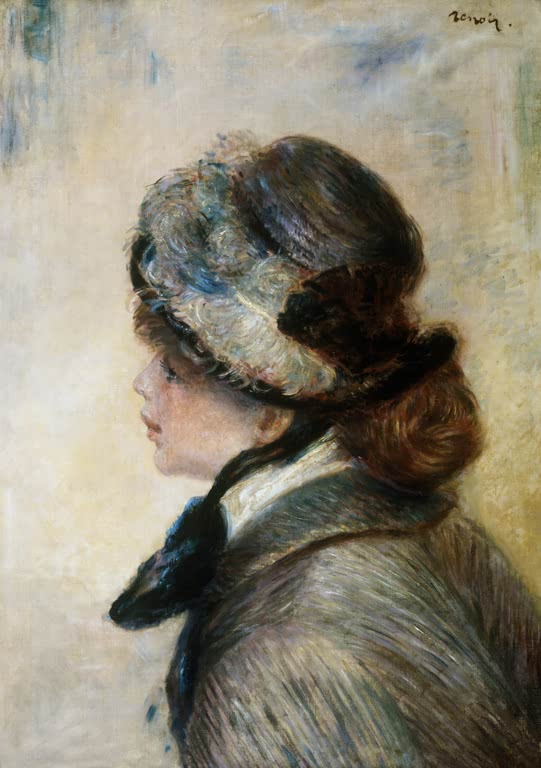 Junge Frau mit federgeschmücktem Hut im Profil – Pierre-Auguste Renoir Jeune dame au chapeau à plumes Kunstkopie