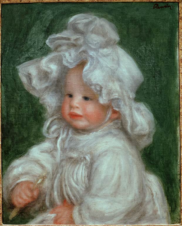 Kleinkind mit weißer Rüschenhaube vor grünem Grund – Pierre-Auguste Renoir Coco à la Charlotte Kunstkopie